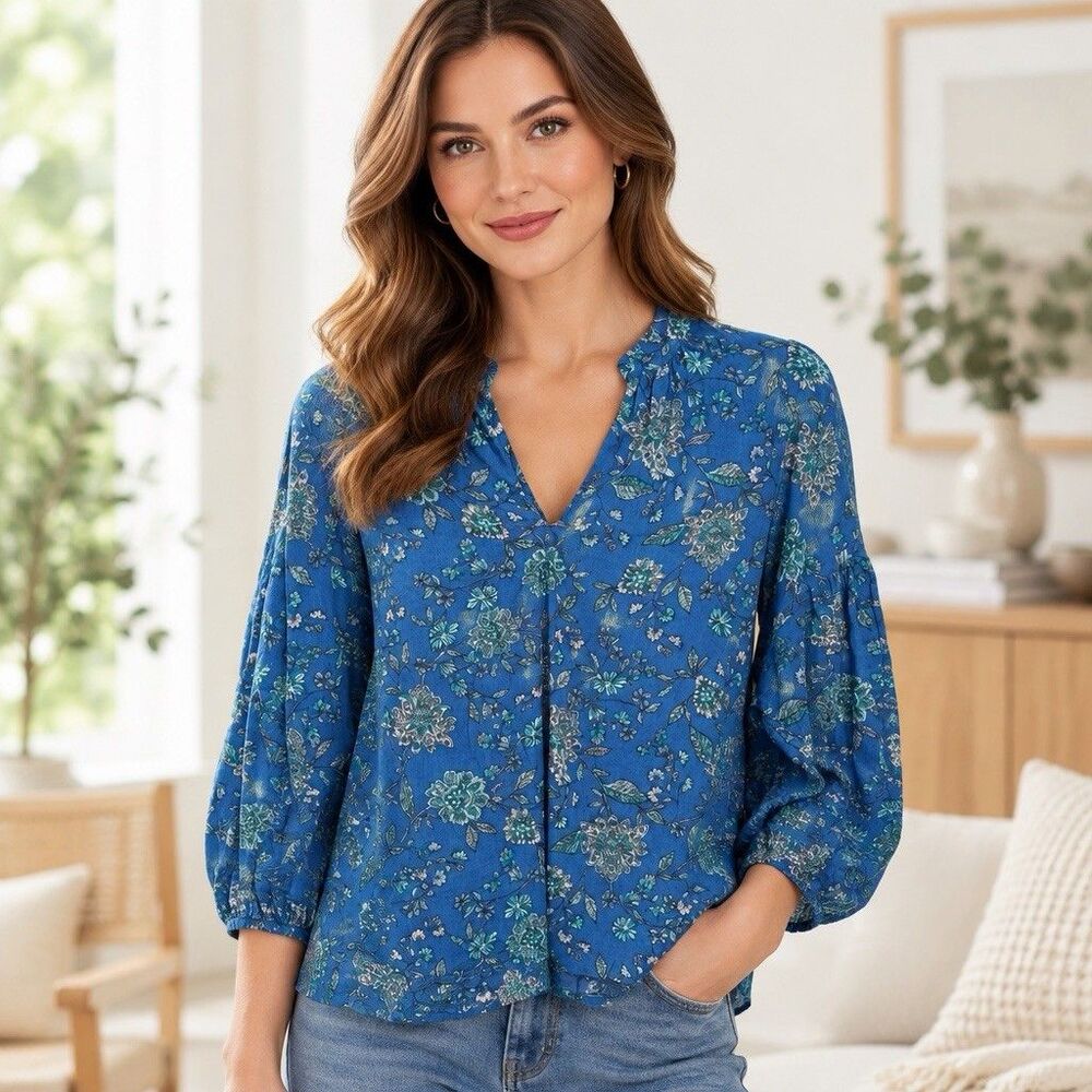 J.Jill Blue Floral Cotton Blouse Women’s Large Boho 3/4 Sleeve Top